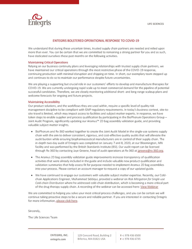 Entegris Bolstered Operational Response to COVID19